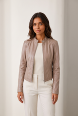 Sienna | Women's Cropped Faux Leather Moto Jacket — Beige