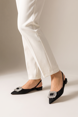 Celeste | Women's Rhinestone Buckle Pointed Slingback Flats — Black