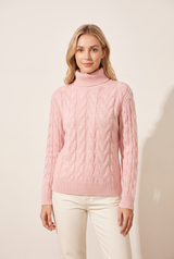 Women's Cable Knit Turtleneck Collar Relaxed Fit Sweater — Pink