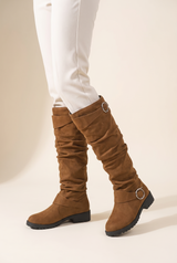 Knee-High Water-Resistant Boots | Women's Low Block Decorative Ring Accents — Light Brown