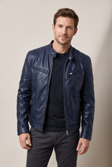 Henry | Men's Faux Leather Quilted Moto-Inspired Jacket — Dark Blue