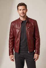 Henry | Men's Faux Leather Quilted Moto-Inspired Jacket — Dark Red