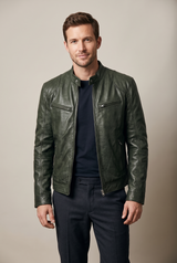 Henry | Men's Faux Leather Quilted Moto-Inspired Jacket — Military Green